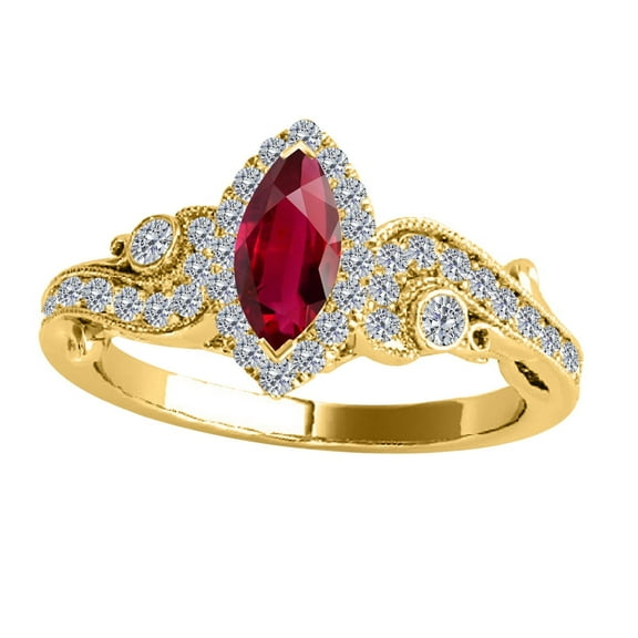 Mauli Jewels Marquise Shape Ruby Gemstone Engagement Rings for Women, 3/4 Carat Diamond, 14K Solid Yellow Gold Wedding Rings, Gifts for Her