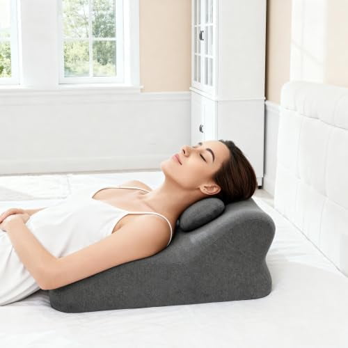 Memory Foam Ergonomic Wedge Pillow, Multi-Position Support Pillow, Ergonomic Support for Back Pain, Acid Reflux & Sitting Up, Ideal for Massage, with Removable Cover,40-Degree Angle Design (Grey)