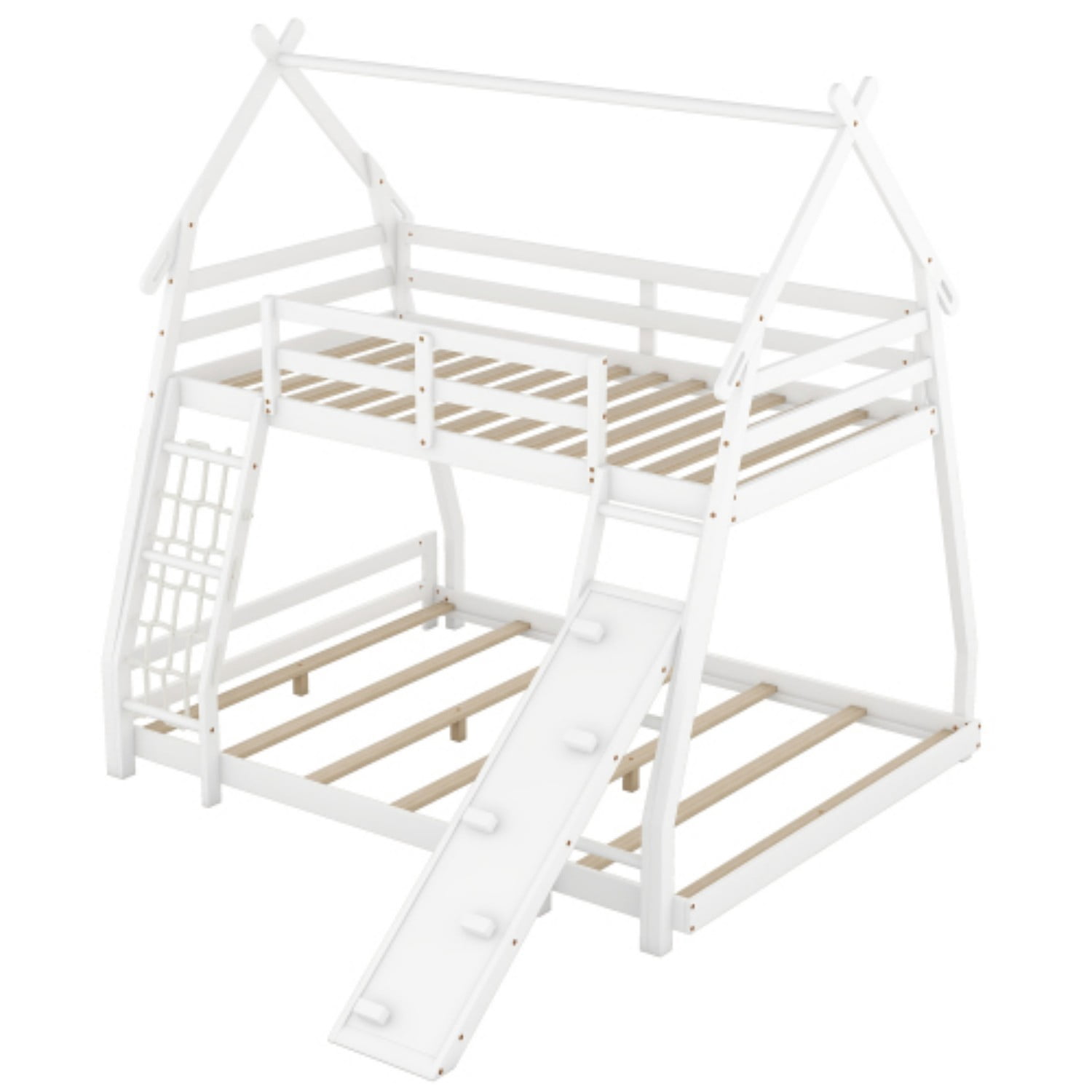 Twin Over Queen House Bunk Bed with Climbing Net & Ramp, Wooden Loft Bed with Guardrails, Space Saving Kids Bunk Bed for Bedroom, White