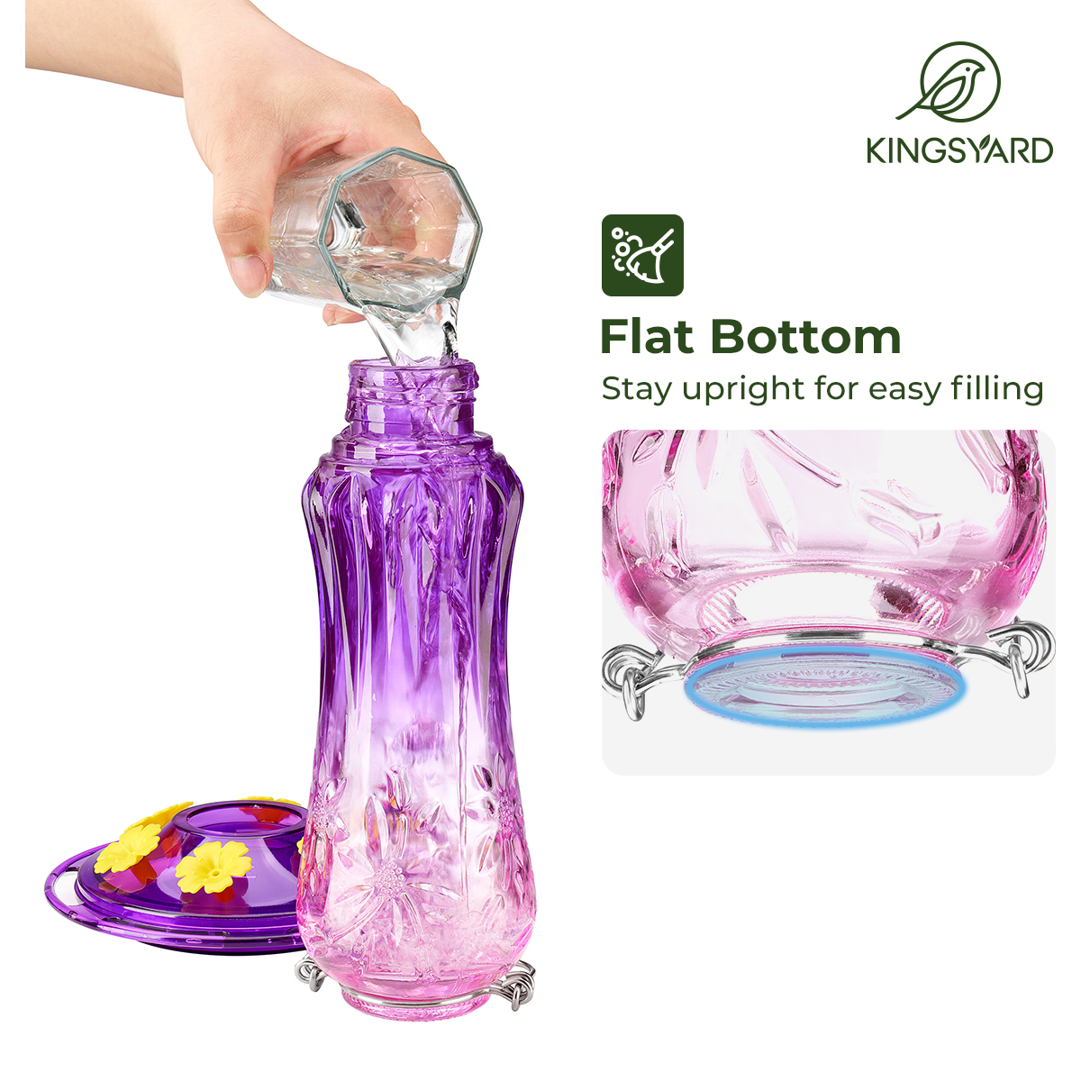 Kingsyard Hummingbird Feeder for Outdoors Hanging, 25 Ounces Leak Proof, Glass Humming Bird Nectar Feeder with Ant Moat & 6 Bee Guard Feeding Ports, Purple Gradient