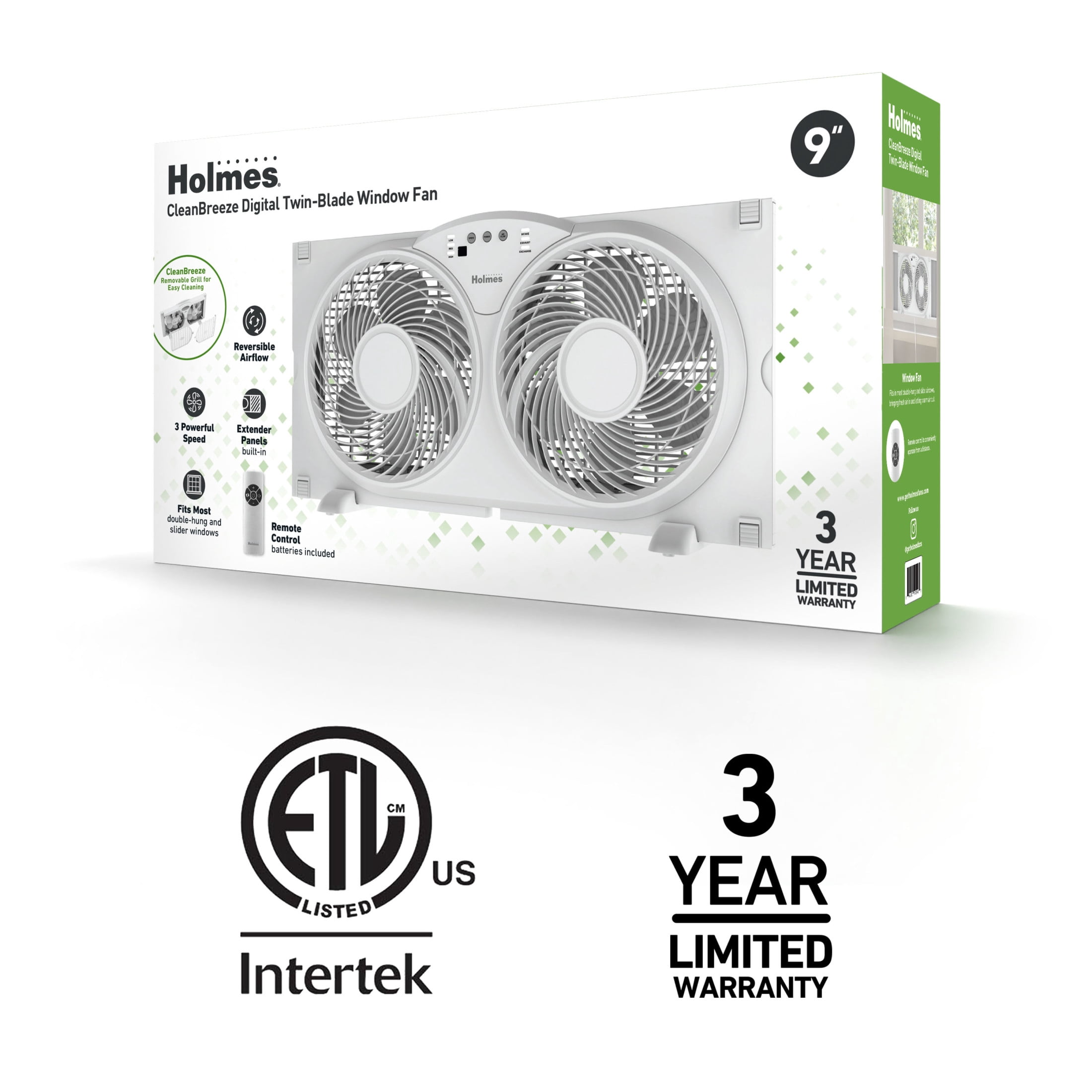 Holmes 9 Inch TwinBreeze Reversible Window Fan 3 Speed Remote CleanBreeze White