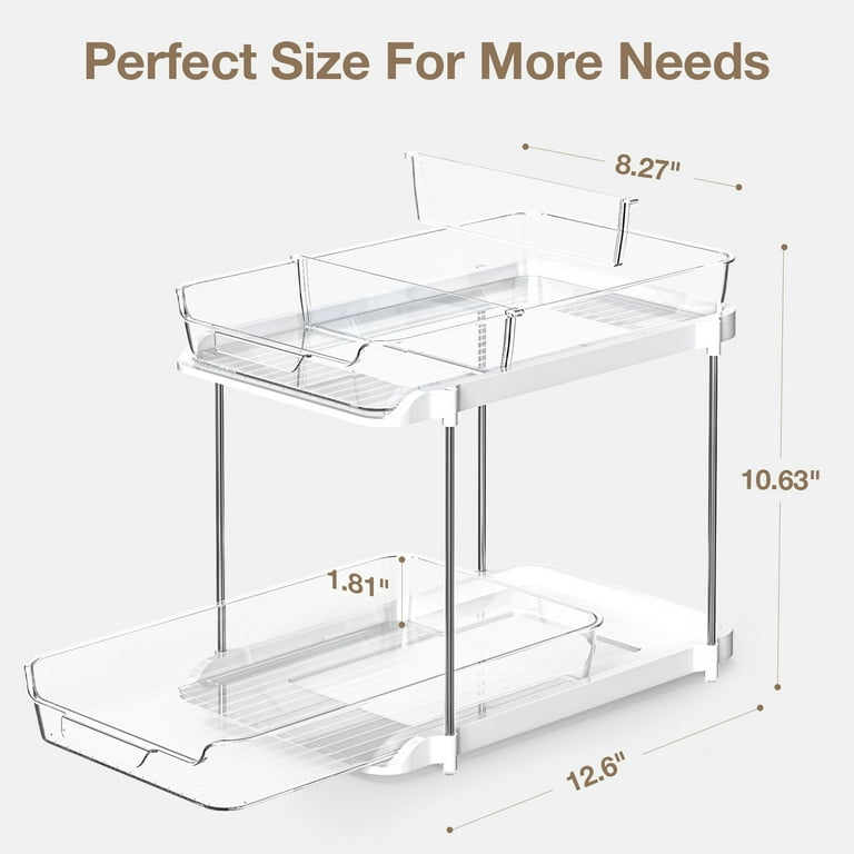 Clear Under Sink Organizers, Delamu 2-Tier Pull Out Bathroom Under Sink Storage  Stackable Kitchen Pantry Organization with 8 Movable Dividers, 2 Pack 