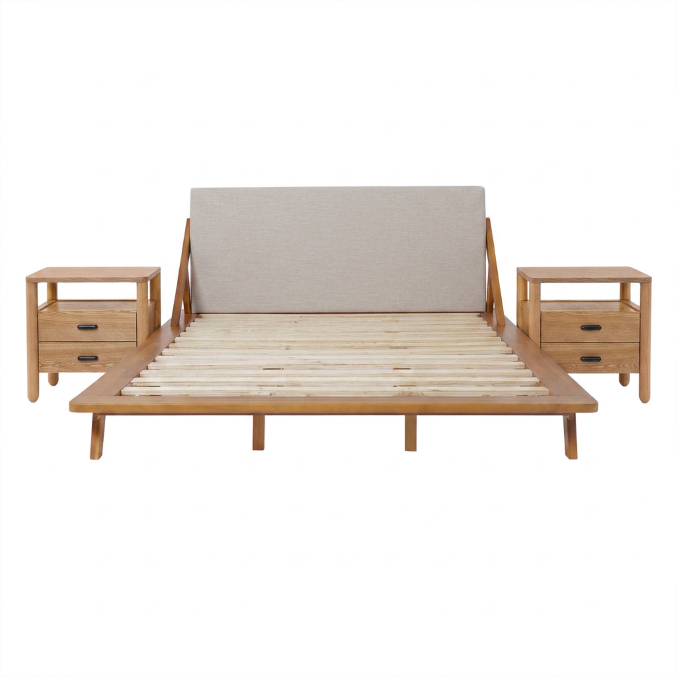 Christopher Knight Home Queen Bedroom Set, Beige Upholstered Platform Bed with 2 Natural Nightstands