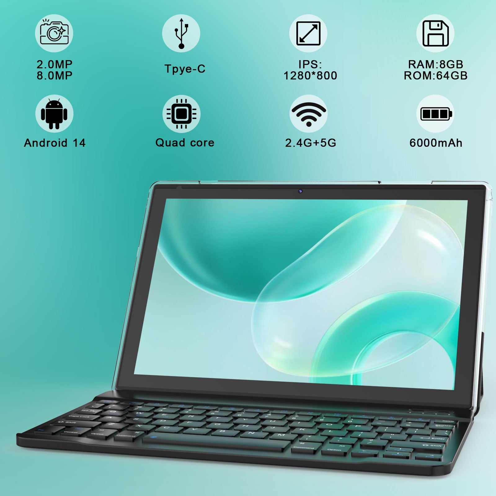 2024 Newest Android 12.0, 10.1 Inch Tablet with Keyboard Case, 4GB+64GB ROM/1TB Expand Tablets, Quad Core, HD Touch Screen, Dual Carema, Games, 2.4G/5G Wi-Fi 6, BT, Google GMS Certified Black