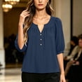thumbnail image 3 of Lenpel Womens Dressy Casual Blouses V Neck Balloon 3/4 Length Sleeve Tops Fashion Button Front Loose Fit Shirts, 3 of 6