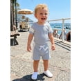 thumbnail image 3 of BemeyourBBs Newborn Baby Boys Summer Clothes Infant Baby Boy Waffle Summer Outfit 0 3 6 12 18 Months Striped Short Sleeve Romper and Elastic Shorts Set 2 Piece Set, 3 of 9