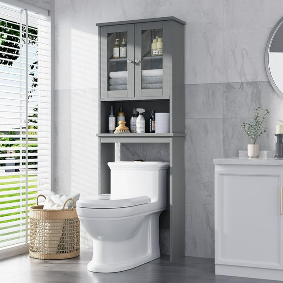 Meilocar Over The Toilet Storage Cabinet, Bathroom Storage Organizer Over Toilet with Glass Doors, Over Toilet Cabinet for Bathroom Freestanding Space Saver, Grey