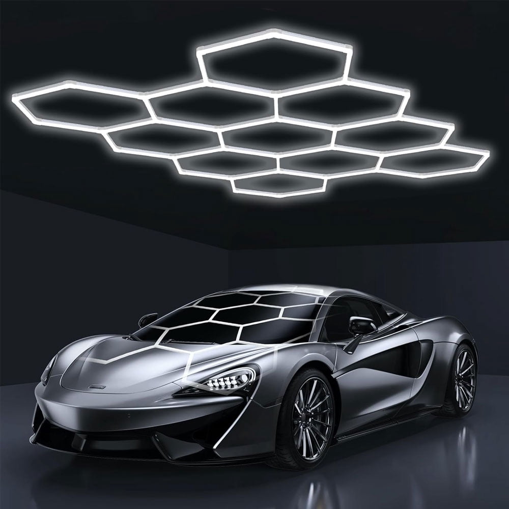 Hexagon Garage Lights: 322W 11 Grids Hexagon LED Lights - Easy Install 6500K Super Bright Honeycomb Lights Ceiling for Garage, Warehouse, Car Detailing Shop, Exhibition Hall, Gym