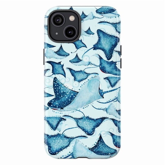 Ocean Dance Phone Case, Blue Watercolor Stingray Pattern iPhone Cover, Serene Marine Design for iPhone 16 15 14 13 12 11 Pro Plus Max Mini