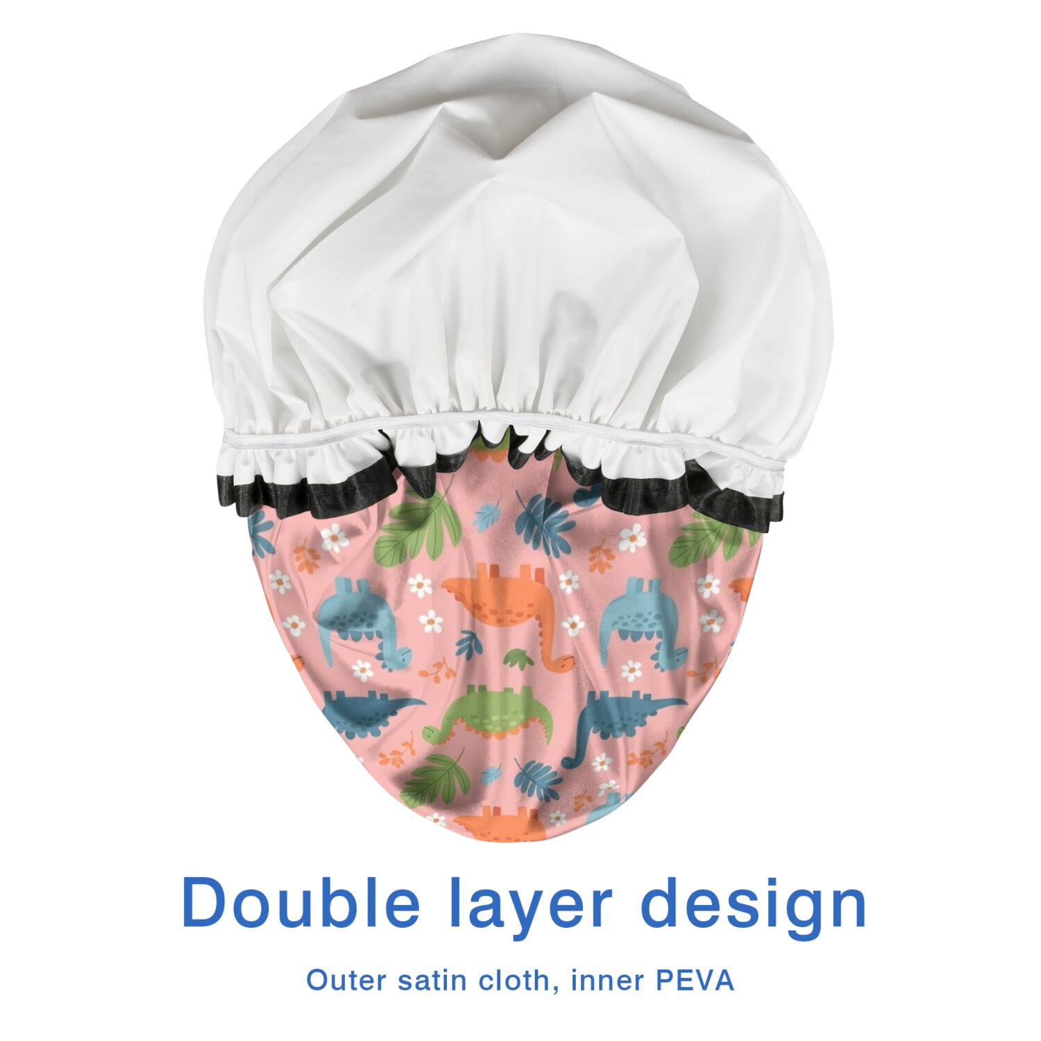 Shower Caps,Pink Dinosaur Floral Pattern Waterproof Shower Cap for Women 4 Pieces,Double Reusable Hair Cover for Shower PEVA Elastic Stretch Hem