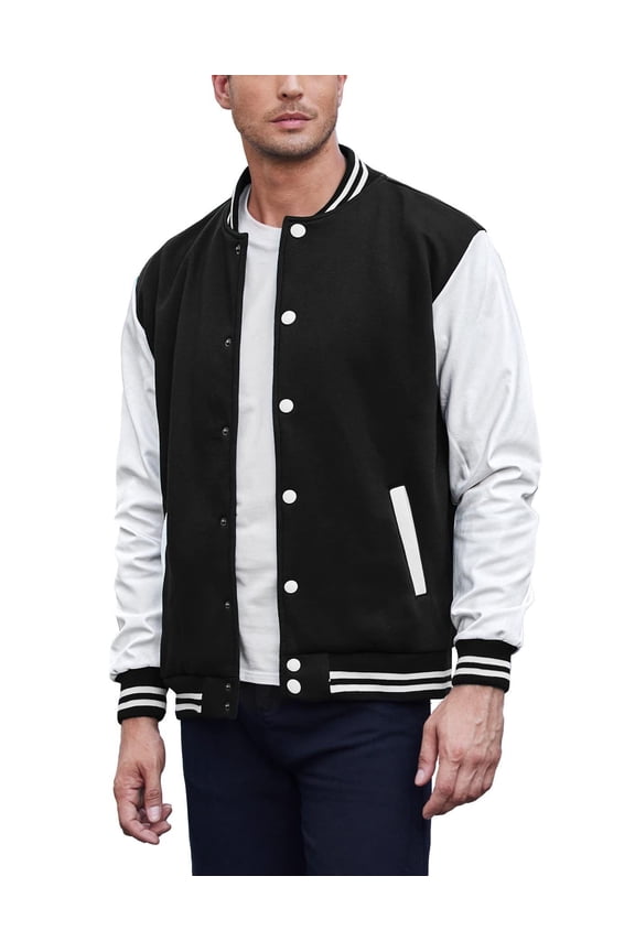 Mens Fashion Varsity Jackets Leather Sleeve Slim Fit College Baseball Letterman Bomber Coat Black M