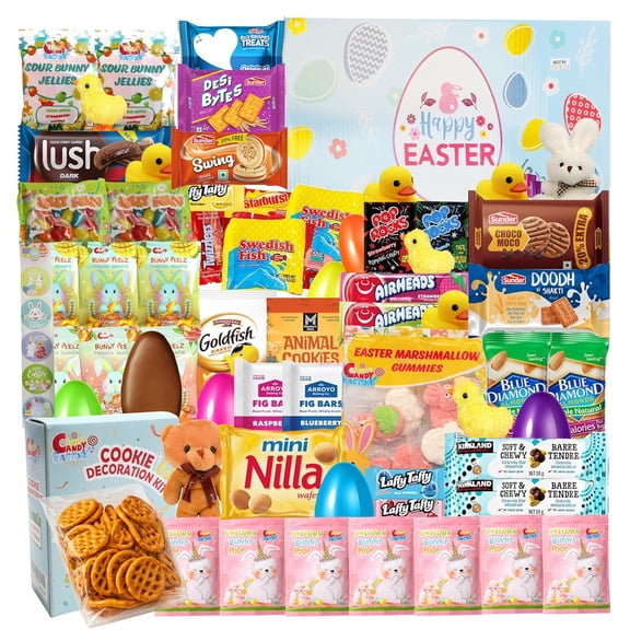 Easter Gift Basket (82 Count) Care Package with Treats Snacks Cookies Candy Gift Box for Friends, Family