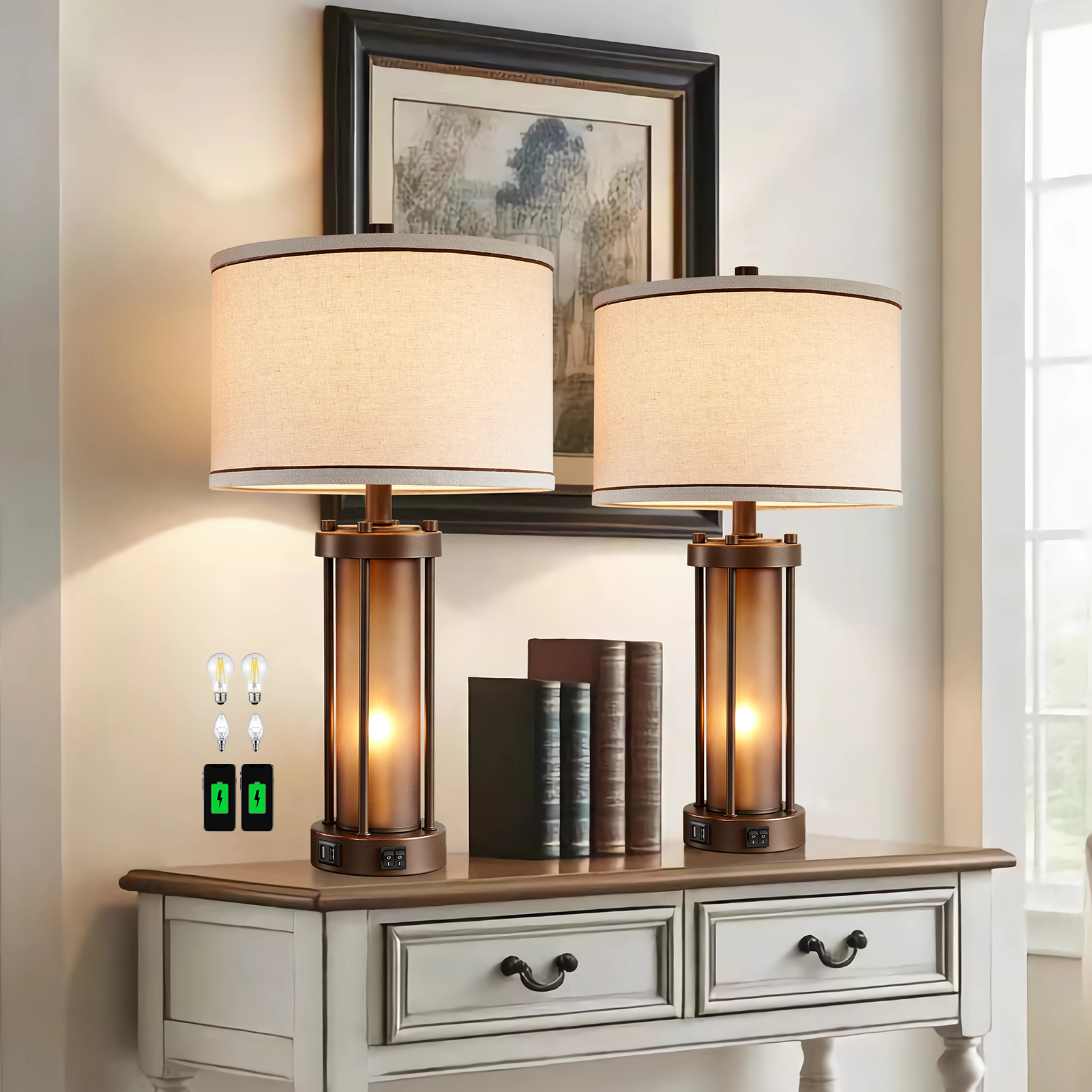 Roria 24" Farmhouse Table Lamps Set of 2 with USB Charging photo 5
