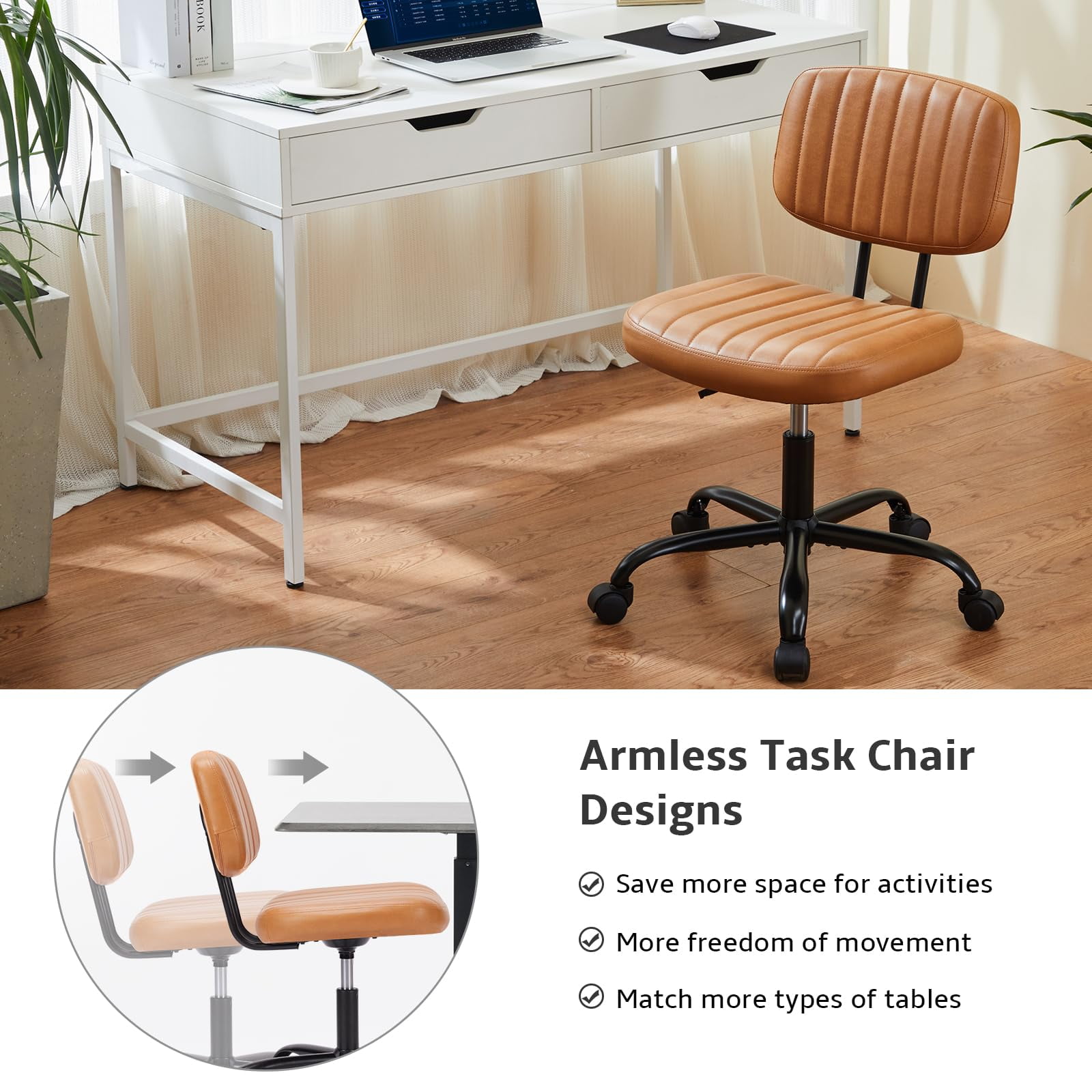 edx Adjustable Height Armless Office Desk Chair with Wheels, PU Leather Mid Back 360°Swivel Small Computer Chair, Modern Task Chair for Home Office Reading Meeting Room, Brown