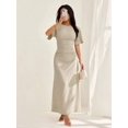 thumbnail image 2 of Dark Green Womens Summer Linen Blend Short Sleeve Elegant Maxi Dress With Ruched Waist, 2 of 8