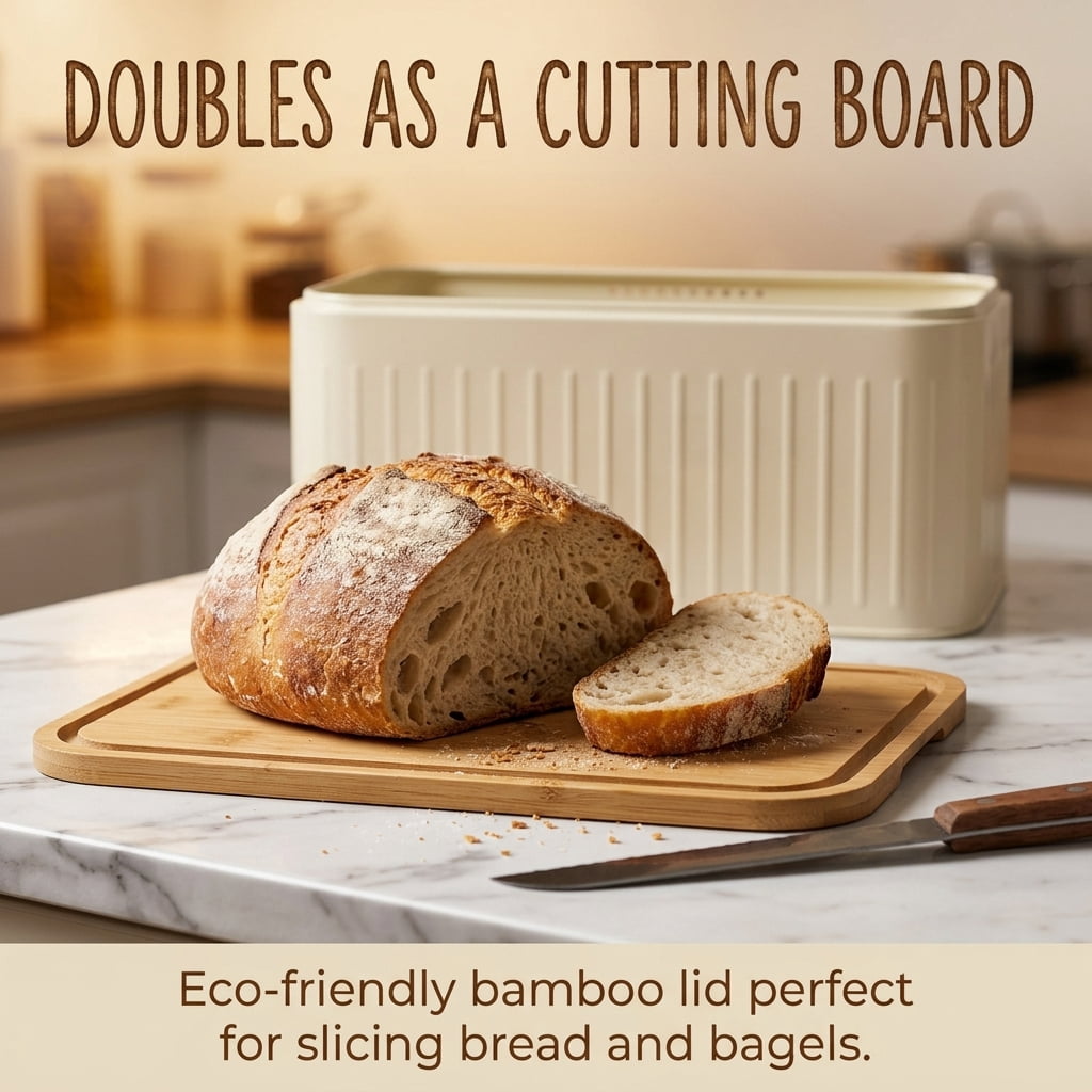 Metal Bread Box for Kitchen Countertop, Bread Storage Container with Bamboo Cutting Board Lid for Homemade Bread, 12" x 7.2"