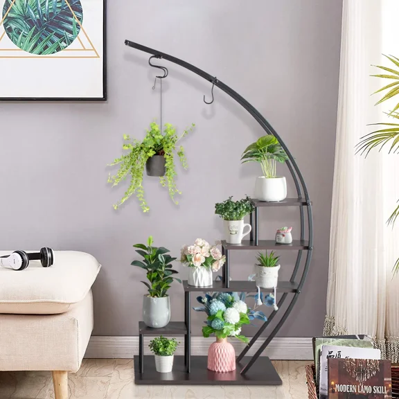 Black Wrought Iron Plant Holder - 5 Tier Curved Shelving Unit for Indoor/Outdoor Flower Pots