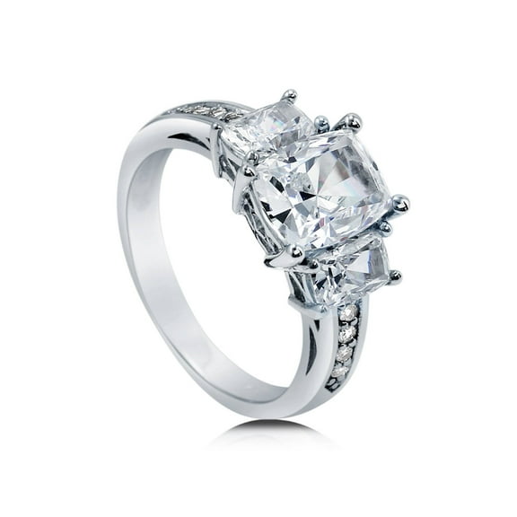 BERRICLE Sterling Silver 3-Stone Wedding Engagement Rings 2.6 Carat Cushion Cut Cubic Zirconia CZ Ring for Women, Rhodium Plated Size 10