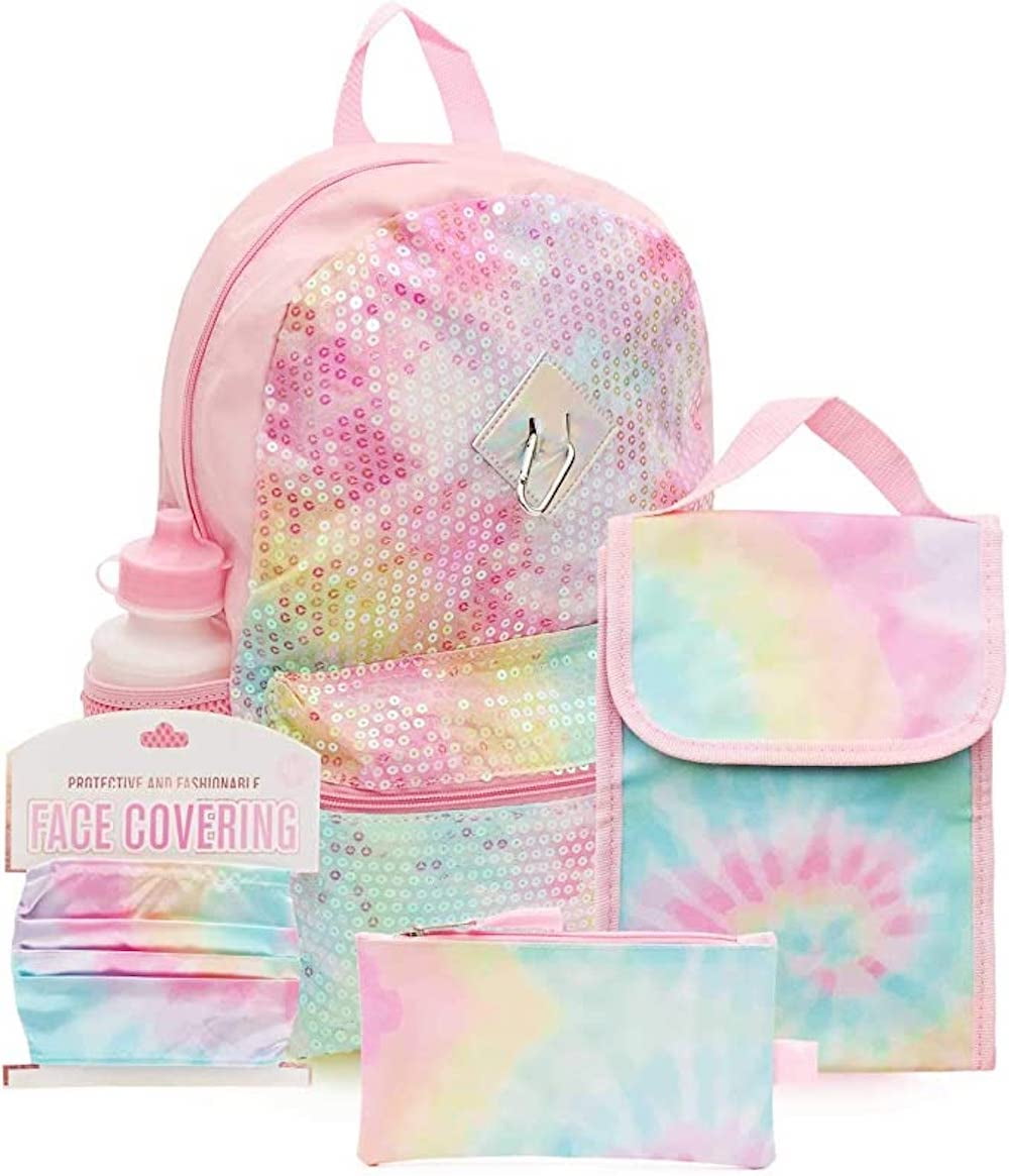 LOVE2DESIGN Sequin Tie Dye Backpack Set for Girls 16 inch 6 Pieces Includes Washable Cloth Face Mask Foldable Lunch Bag Water Bottle Pencil Case Carabiner Clip