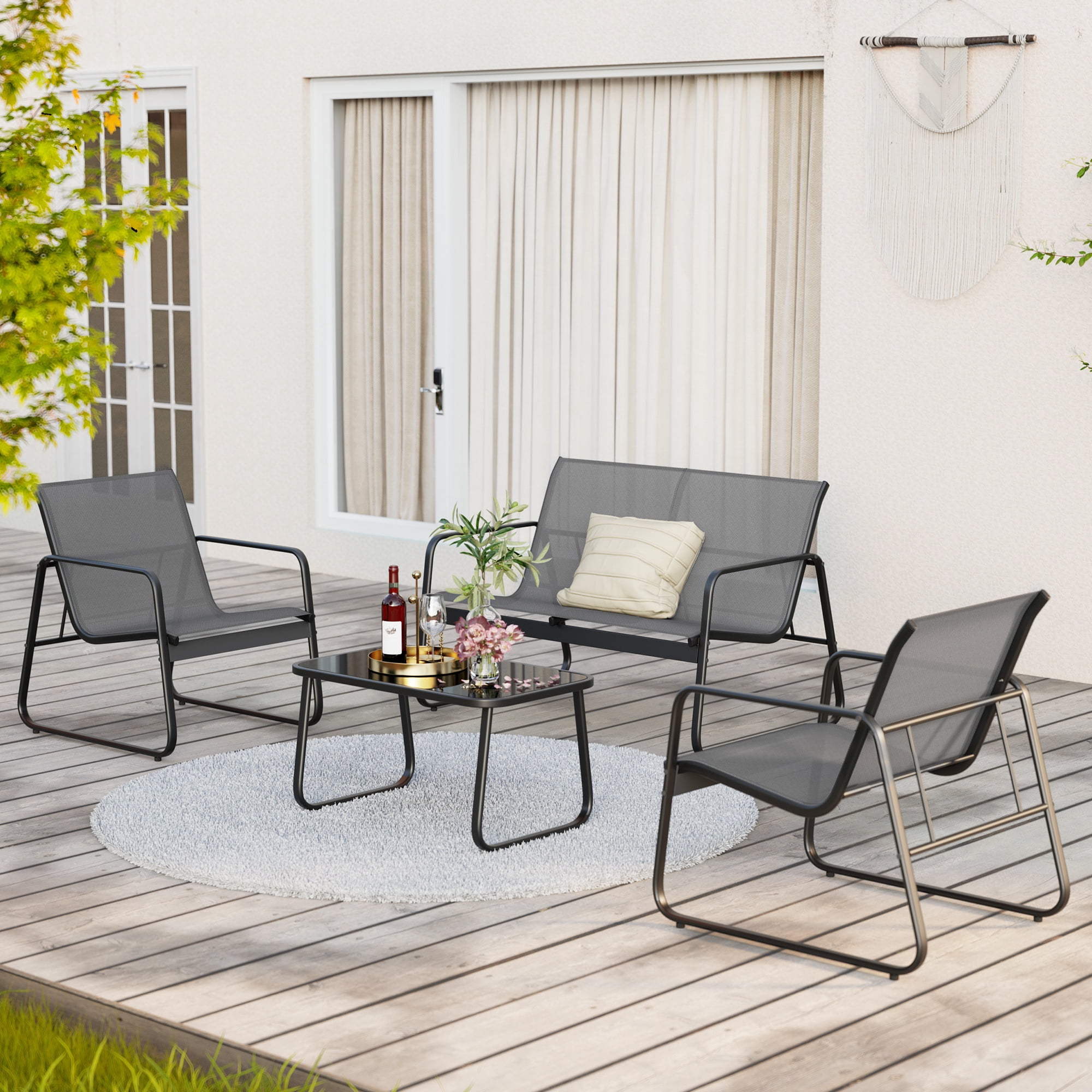 Asofer 4-Piece Outdoor Patio Furniture Set with Glass Table, Bistro Table and Chairs Set for Poolside, Porch, Lawn, Gray