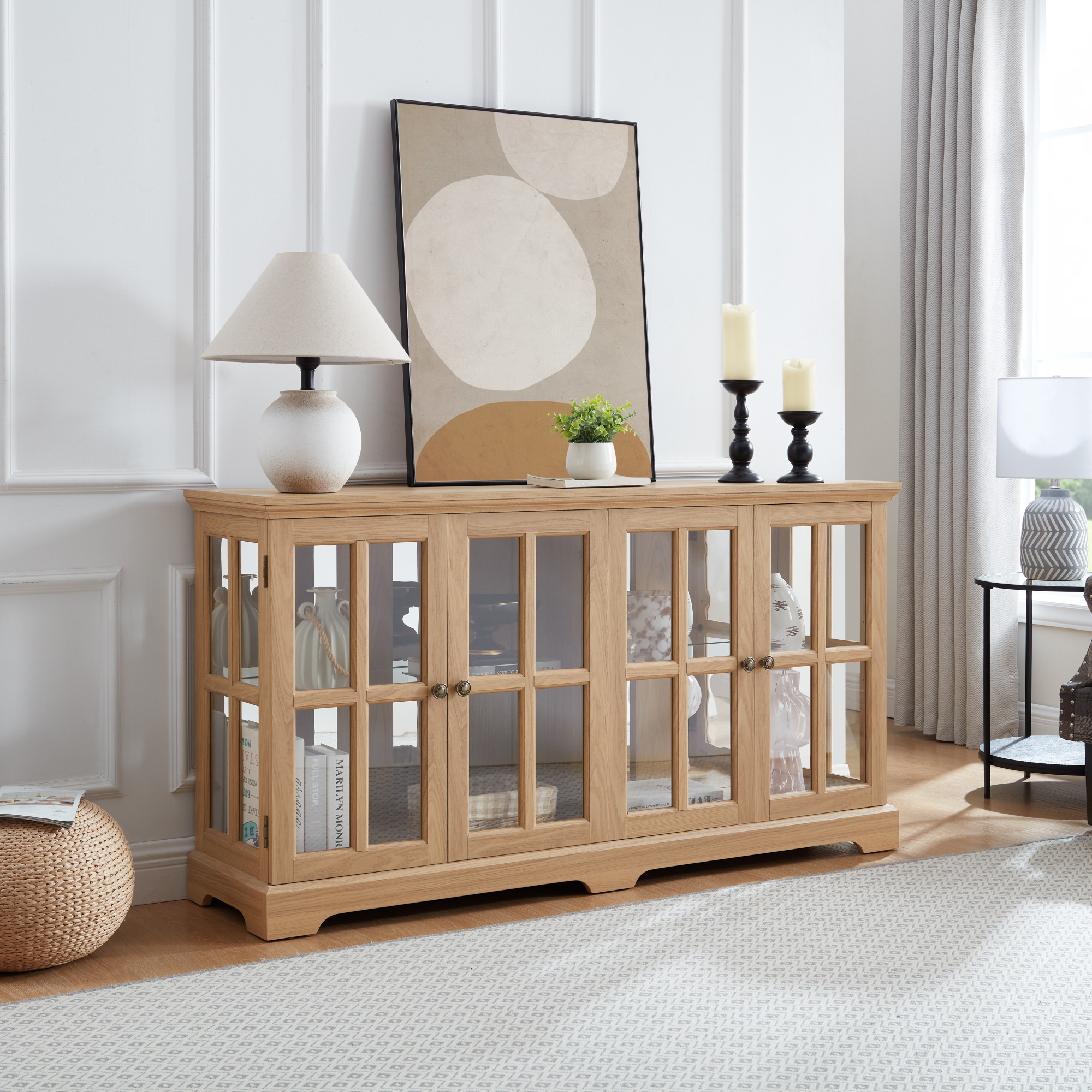 Leumius Curio Display Cabinet Antique Display Cabinet with Glass Doors Adjustable Shelves for Collectibles Four Door Design Vintage Showcase for Home or Office Oak