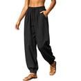 thumbnail image 5 of Mifsaly Womens Baggy Joggers Cotton Linen Flowy Pants Lightweight Loose Fit Drawstring Elastic Waist Casual Trousers with Cuffed Hem for Lounge Vacation Black,M, 5 of 6