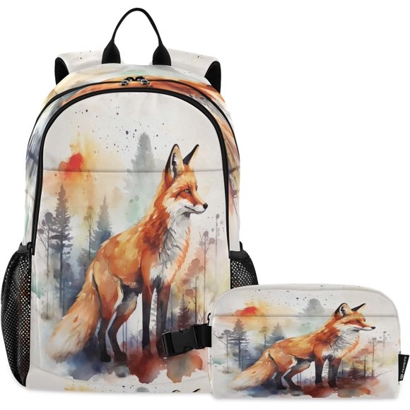 Fox Watercolor School Backpack for Boys and Girls Lightweighted Backpack and Lunch Bag Set Book Bag for Girls Boys Teens