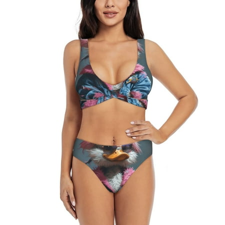 Zeuib Lady Duck High Waisted Tummy Control Bikini Set - Knot Front Push Up Top & Cheeky Thong Bottom  Two-Piece Swimsuit for Women-XX-Large