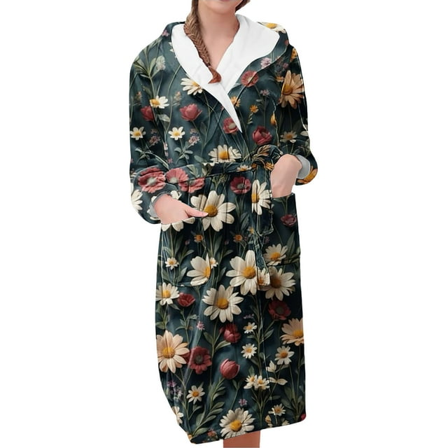 Jindong Plush Robes for Women Women's Fleece Plush Robe Long Warm Plush Bathrobe Loungewear Jacket Printed Comfort Robe Womens Robes