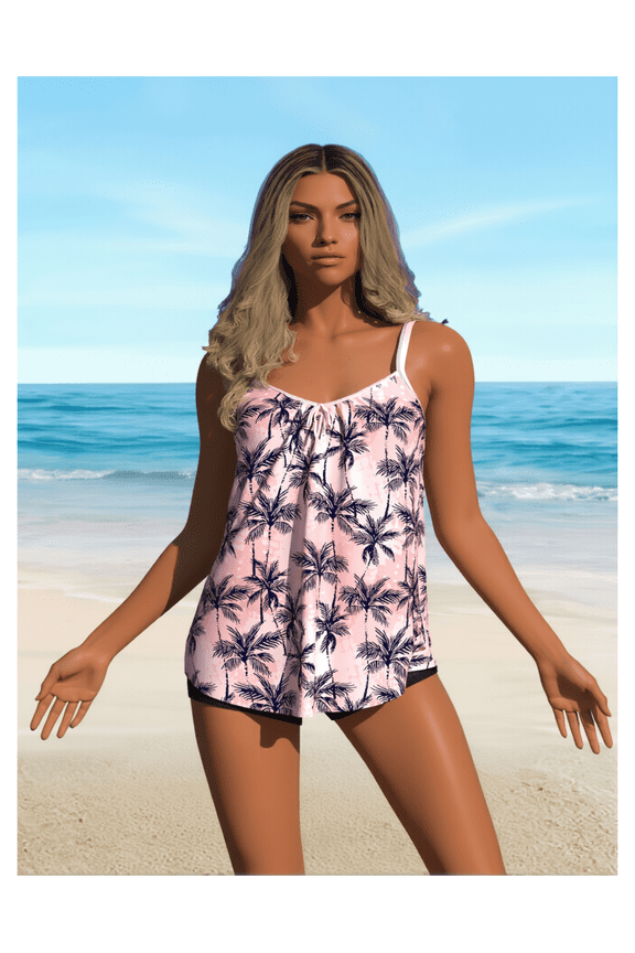 Women's Light Pink Palm Tree Print Swimdress Tankini Set with Ruched Detail & Boyleg Shorts - Two Piece Swimsuit for Beach, Pool M-XXL