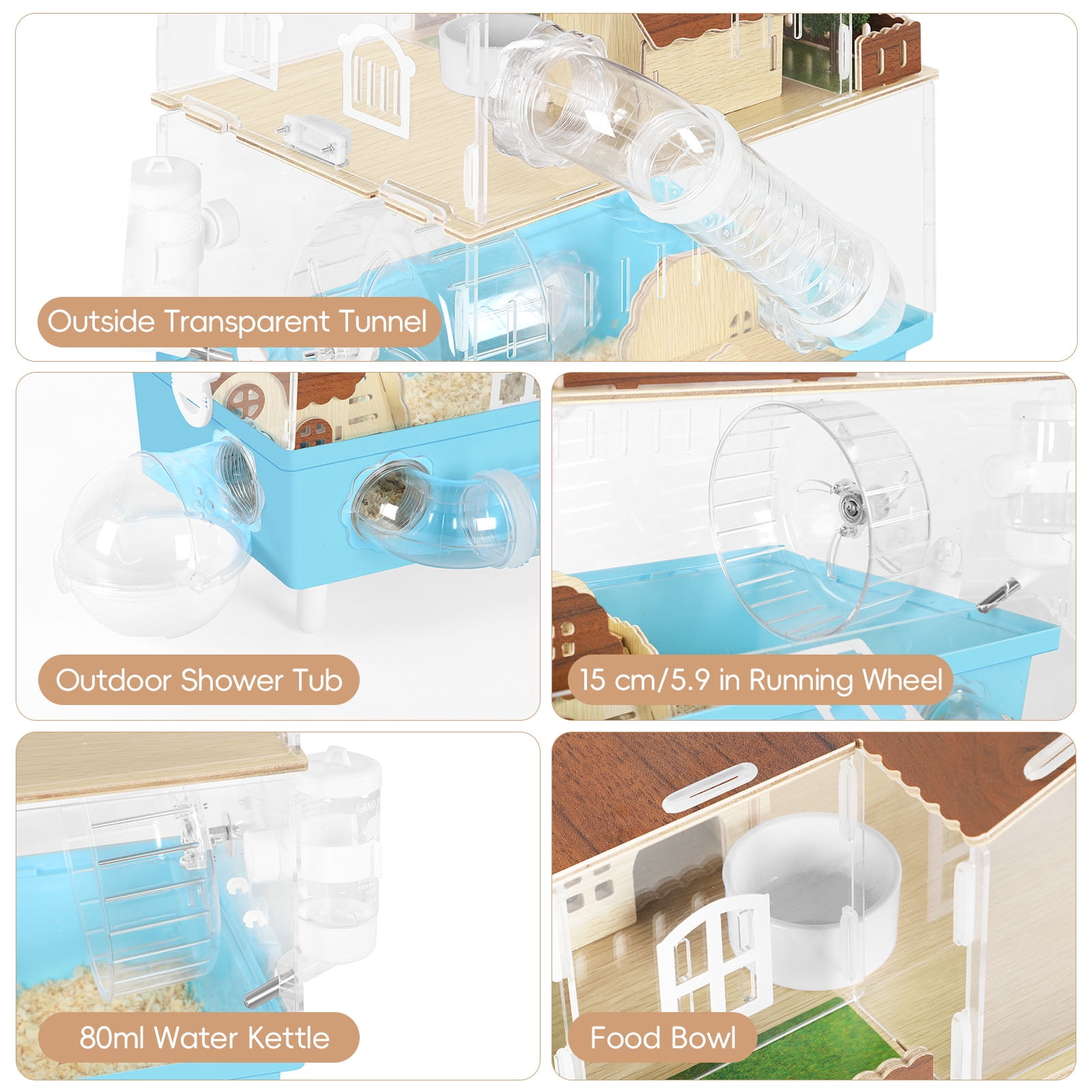 2-Tier Acrylic Hamster Cage Starter Kit, Small Animal Habitat with Hidden Houses, Tunnels, Silent Wheel, Water Bottle & Bath Area, 360° Transparent, Easy Clean