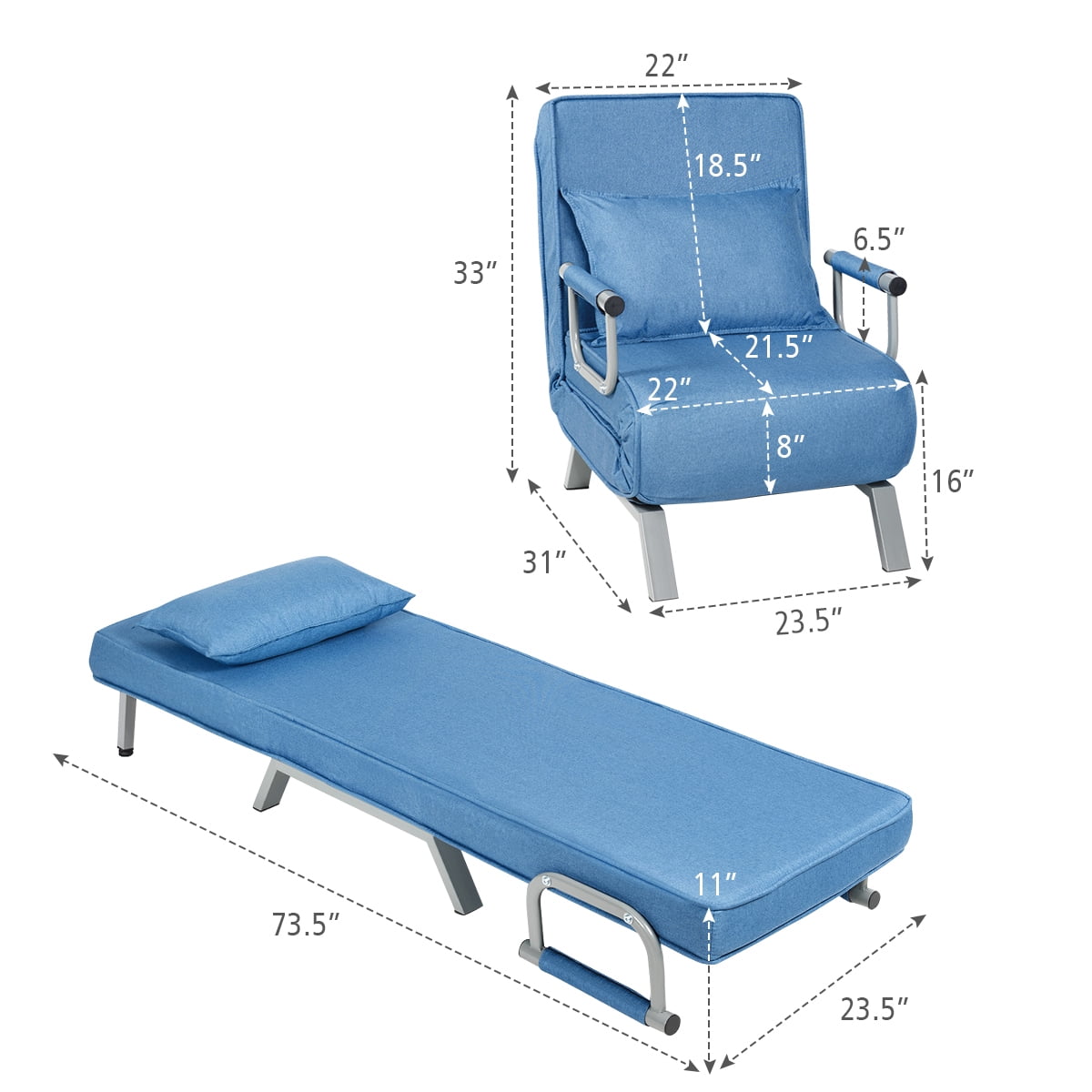 Gymax 5 Sofa Chair Position Convertible Folding Sleeper Bed w/ Pillow Blue