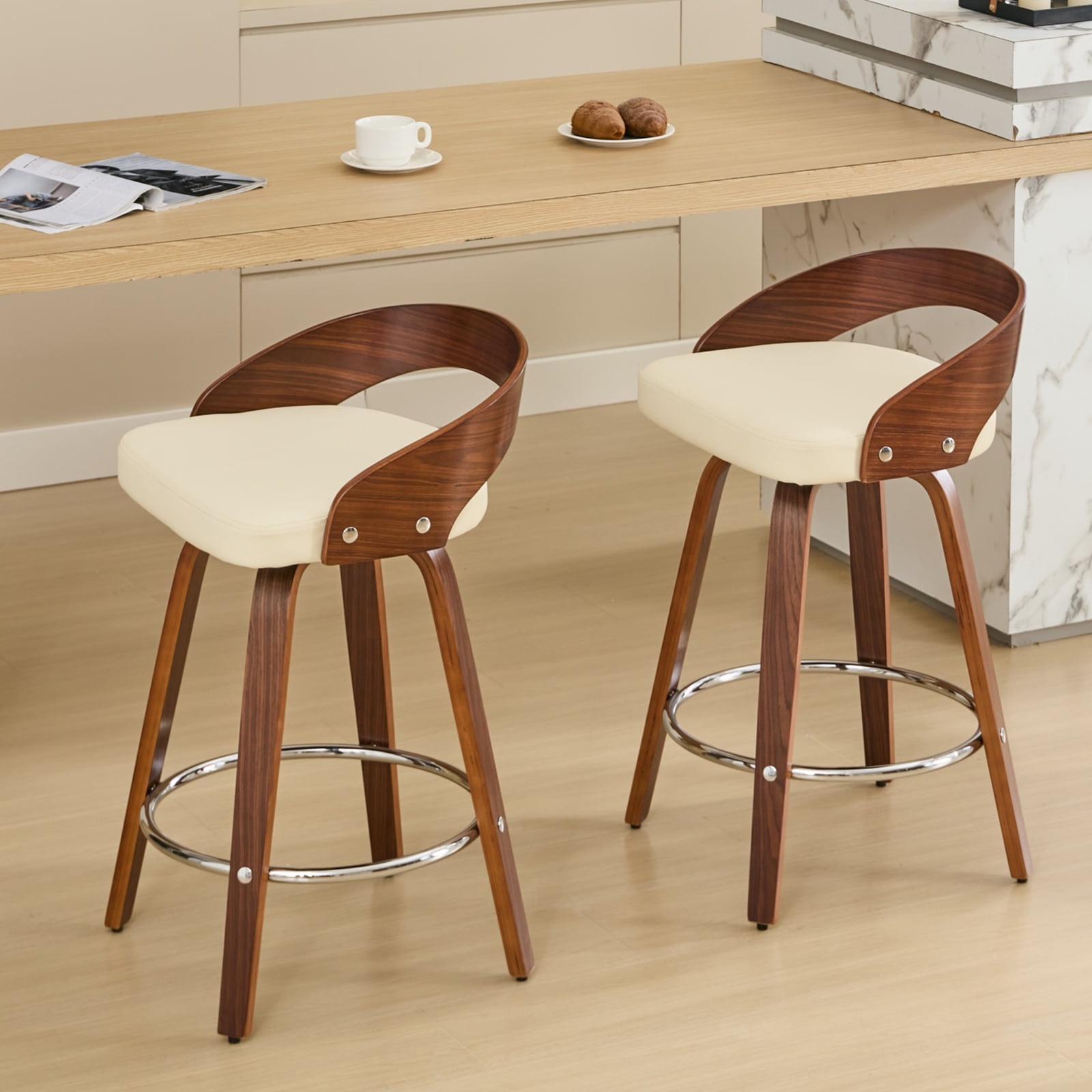 25" Counter Height Bar Stools Set of 4, Wood & PU Leather Counter Stools, Modern Swivel Bar Stools for Kitchen Counter Island, Barstool Chairs, Sillas Para Barra de Cocina (Beige, 4 Pcs)