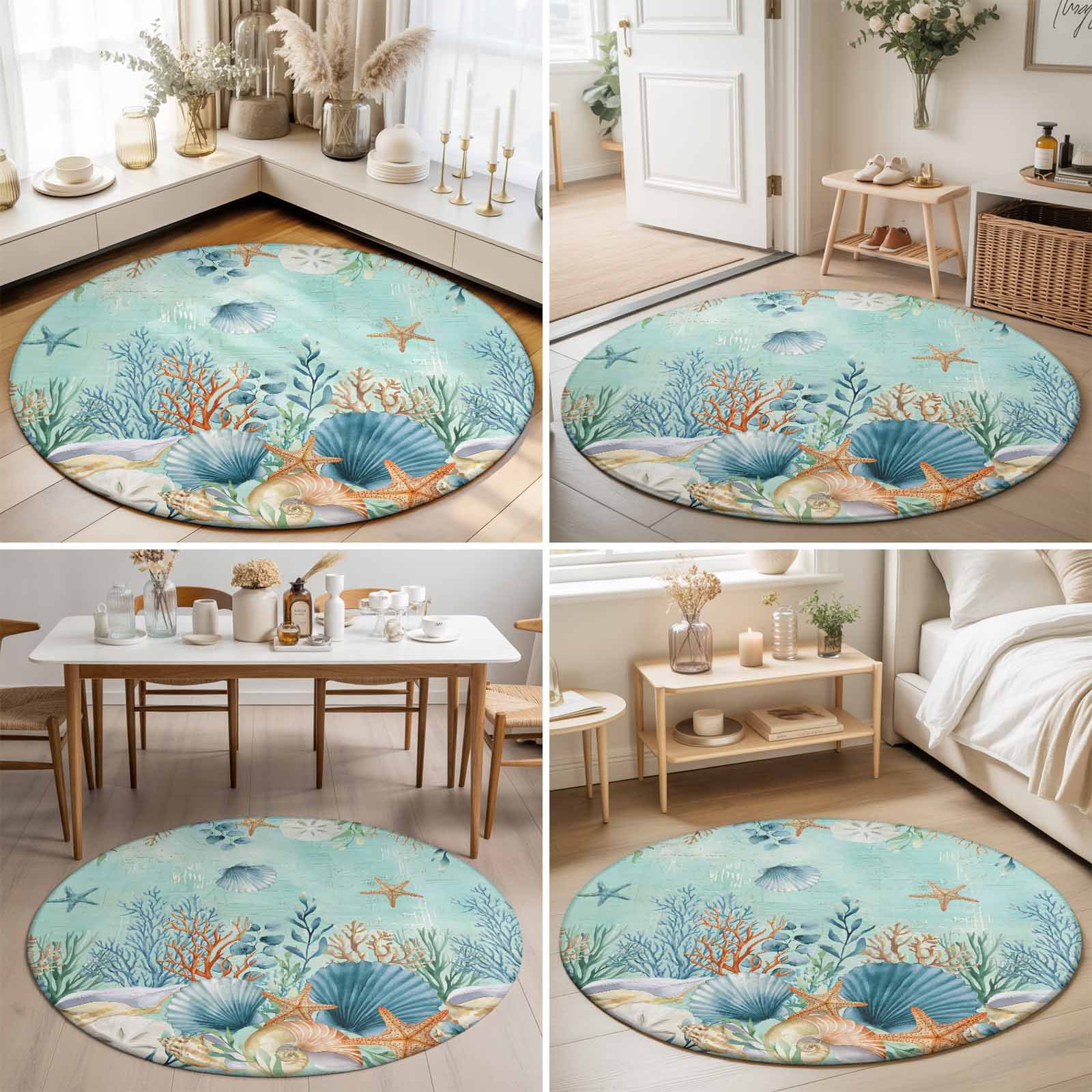 Round Area Rugs 5Ft, Teal Coastal Non-Slip Washable Circle Rugs Carpet, Summer Beach Starfish Shell Coral Nautical Indoor Outdoor Rug Floor Mats Throw Runner for Bedroom Living Room Bathroom