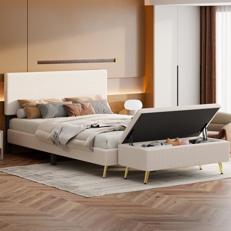 JFC 2-Piece Corduroy Upholstered Bedroom Sets w/Queen Size Platform Bed,Headboard and Storage Ottoman for Adults