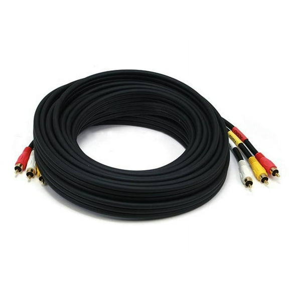 Monoprice Triple RCA Stereo Video Dubbing Composite Cable - 25 Feet - Black | Fully shielded Gold plated RCA connectors