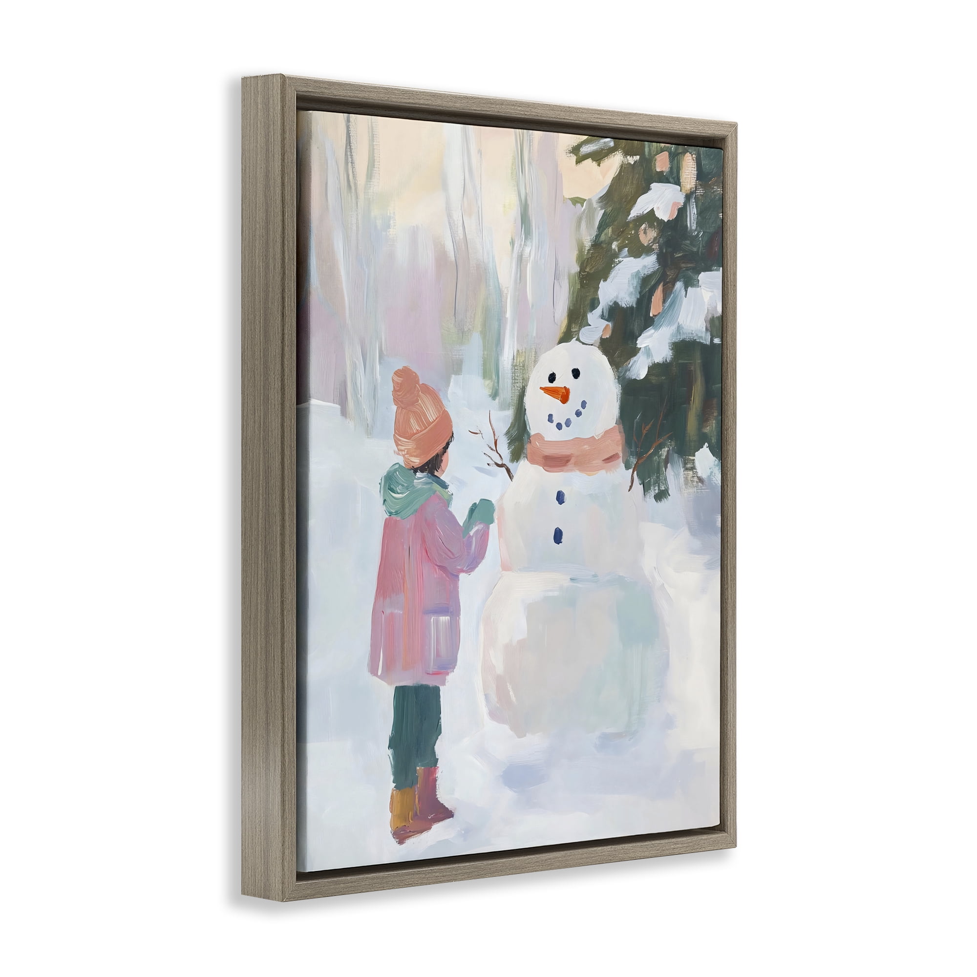 Stupell Industries Girl & Snowman in Winter Brown Framed Floater Canvas Wall Art, design by The Prints Vibe