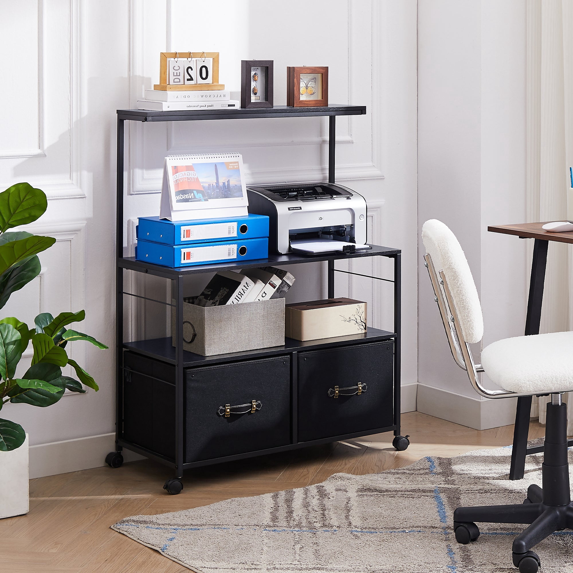 VECELO 2-Drawer Lateral File Cabinet, Rolling Printer Stand with 3 Open Storage Shelf, Fits A4 or Letter Size, with Lockable Casters, for Home Office/Apartment, Black