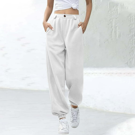Women's Sweatpants Solid Color Button Zipper Elastic Waistband Cinch Bottom Casual Sports Pants With Side Pockets (L, White)