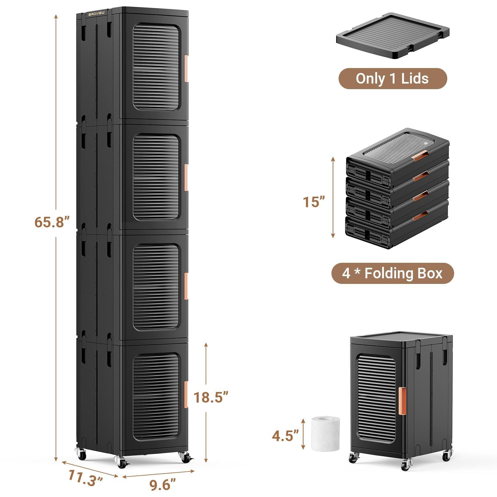 BROVIEW 4-Tier Tall Narrow Storage Cabinet Organizer, Slim Bathroom Cabinets with Doors and Shelves Adjustable, Plastic Kitchen Pantry Organizers and Storages for Small Space, Laundry, Black