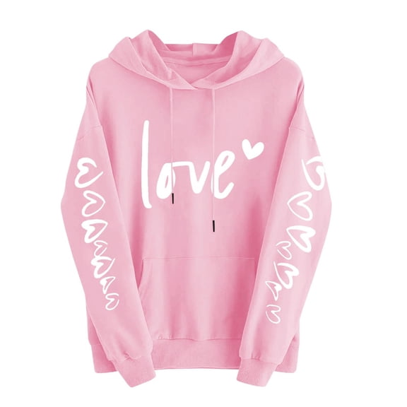 LOVE Valentine Hoodies for Women Long Sleeve Graphic Cute Valentines Day Sweatshirt Holiday Casual Fall Spring Hoodie, M Pink