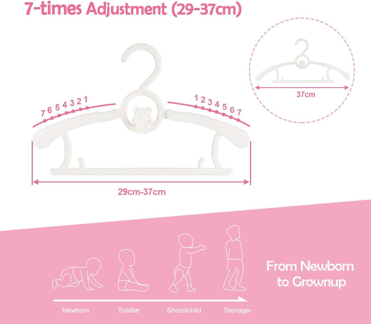 Kid Hangers for Closet 20pcs, Grey Infant Clothes Hanger 11-14" Adjustable Plastic Baby Coat Perchas with Bear Hook, Non-Slip Children Outfit Hangars for Girl Boy Toddler Newborn Teen Clothing