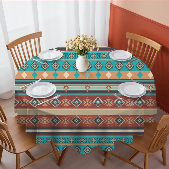 Geometric Stripe Red Pattern Round Tablecloth 70"x70", Wrinkle Resistant Wipeable Table Cover for Kitchen Dining Room Picnic Patio and Party