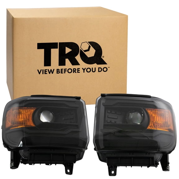 TRQ 2 Piece Headlight Assembly Set Black Bezel Driver & Passenger Side Fits 2014-2018 Sierra 1500 2015-2019 Sierra 2500 HD Sierra 3500 HD GM2502394
