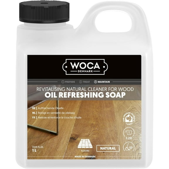WOCA Denmark Oil Refreshing Soap Natural 1L – Cleaner & Rejuvenator for White Oiled Wood Floors | Plant-Based, Food Contact Safe | Cleans, Re-oils, Protects & Maintains Matte Finish | Low VOC