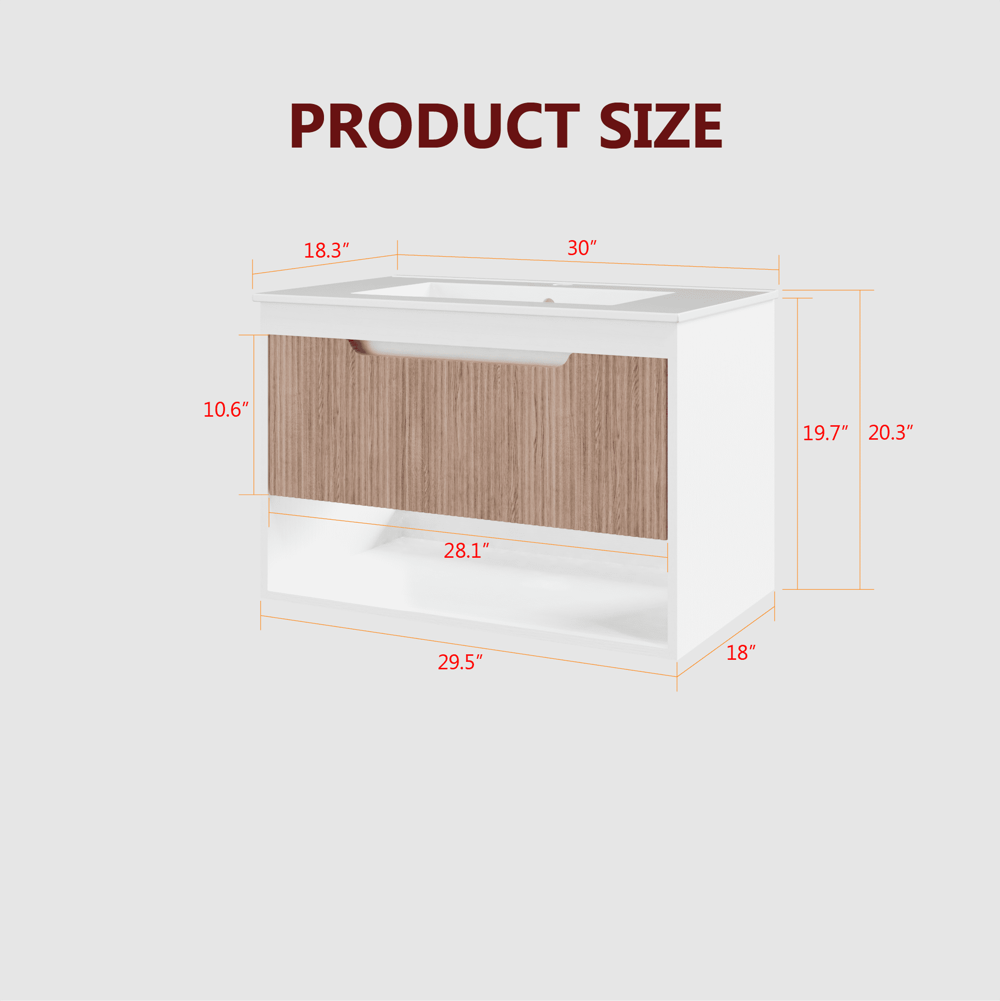 30" Floating Bathroom Vanity Base Cabinet Only, Modern Wall-Mounted MDF Bath Vanity with Fluted Wood Grain Drawer, Soft-Close Rails & Open Shelf, White/Oak (Sink Not Included)