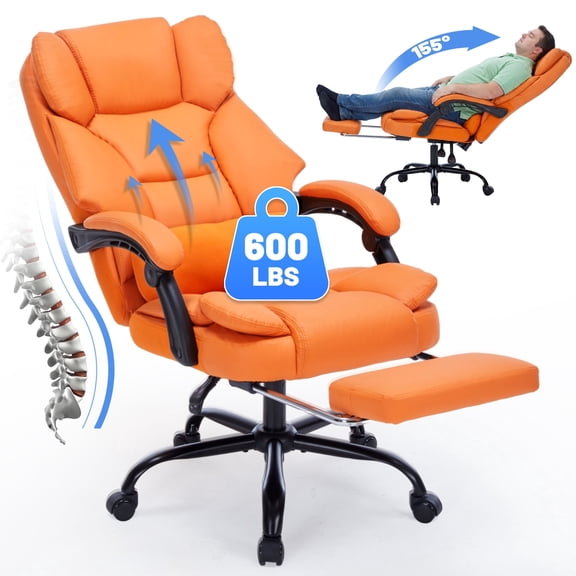 Qusaphy 600lbs Big and Tall PU Leather Executive Office Chair, Reclining Backrest up to 155°, Spring Cushion Seat, Lumbar Support & Adjustable Armrests for Home Office or Conference Room