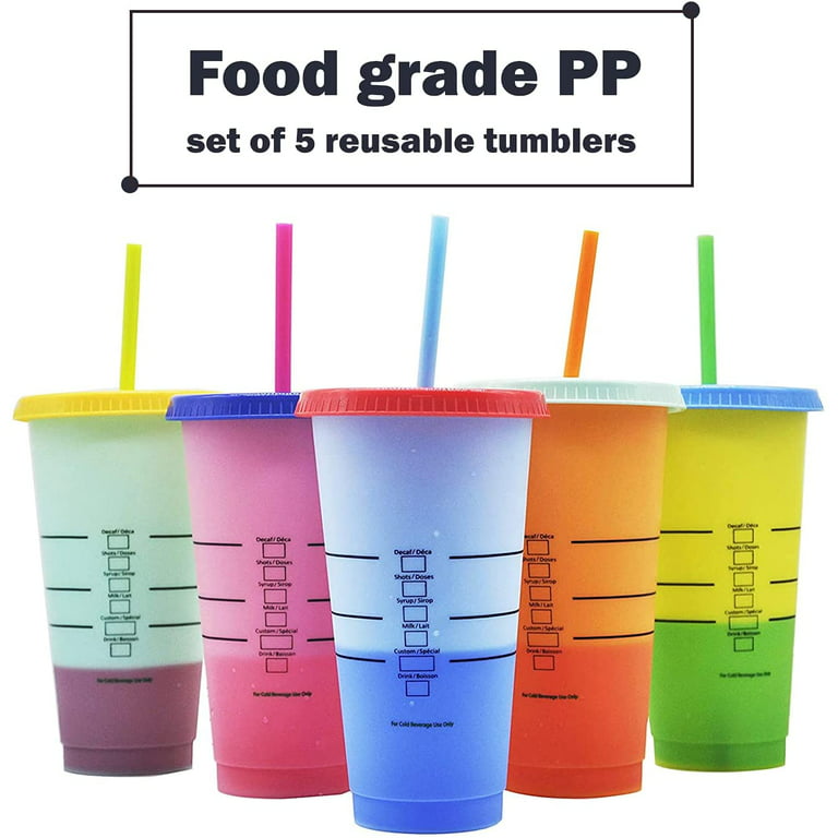 24oz Set of 5 Colorful Reusable Cold Cups With Lids and 