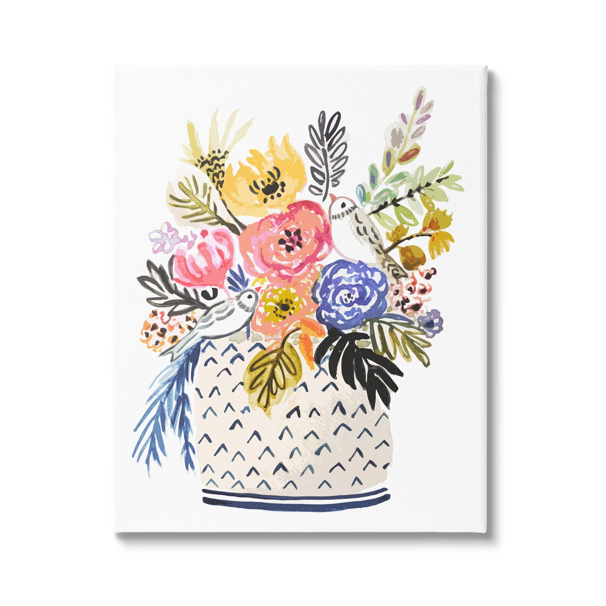 Stupell Birds Perched Fun Floral Blossoms Botanical & Floral Painting Gallery Wrapped Canvas Print Wall Art