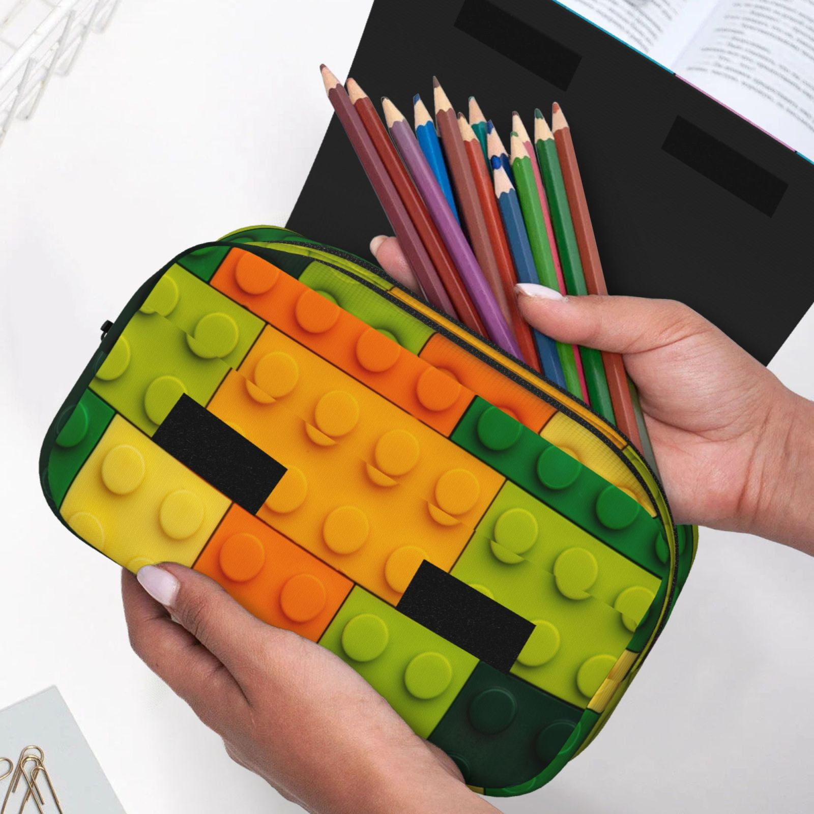Rateoe Colorful Building Blocks Pattern Double Clamshell Pen Case, Storage Organizer with Two Zipper Compartments– Holds Up to 50 Pencils & Pens
